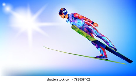 The polygonal colorful figure of a young man Ski Jumping with on a white and blue background. Vector illustration blue background in a geometric triangle of Beijing, Beijing 2022, XXIV Olympic Winter 
