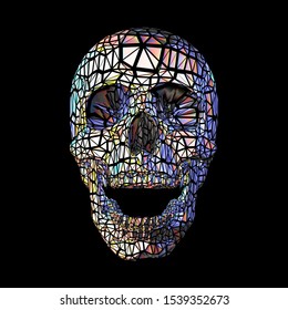 Polygonal colorful stained glass art skull head holographic style isolated on dark background