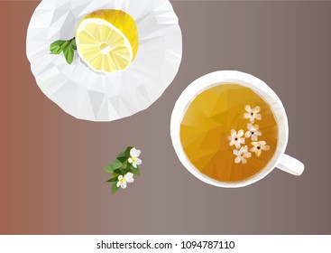 The polygonal colorful triangles lemon on a saucer and tea with flowers. Vector illustration in a geometric triangle.

