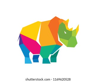 Polygonal Colorful Triangular Rhinoceros Logo In White Isolated Background