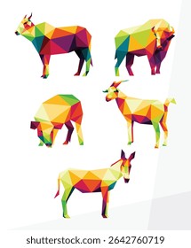 Poligonal vetor colorido de animal de gado. Animal de criação colorido conjunto de logotipo abstrato. Bode búfalo cabra burro porco animal em colorido Logotipo vetor Low Poly