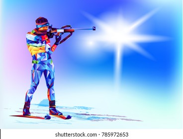 The polygonal colourful figure of a rifleman with a rifle, biathlon with on a white and blue background. Vector illustration blue background in a geometric triangle of XXIII style Winter games