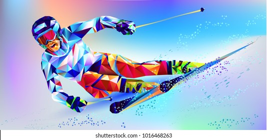 The polygonal colourful triangles figure of a young man snowboarding with on a white and blue background. Vector illustration in a geometric triangle of Beijing, Beijing 2022, XXIV Olympic Winter Game