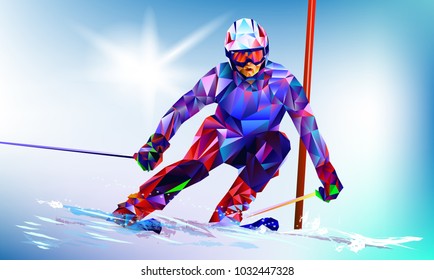 The polygonal colourful triangles figure of a young man snowboarding with on a white and blue background. Vector illustration in a geometric triangle of XXIII style Winter games