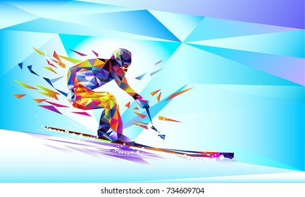 The polygonal colourful triangles figure of a young man snowboarding with on a white and blue background. Vector illustration  in a geometric triangle of XXIII style Winter games.