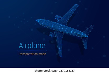 Polygonal commercial airliner. Flying passenger or cargo plane. Travel or air freight concept. wireframe. vector illustration.
Low poly air transport model. dark-Blue background. plexus, triangle, dot