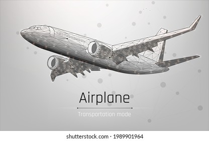 Polygonal commercial airliner. Flying passenger or cargo plane. Travel or air freight concept. wireframe. vector illustration. Low poly air transport model.  white background. plexus, triangle, dot