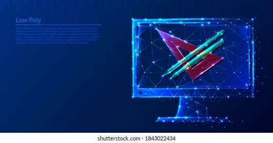 Polygonaler Computer mit Zentimeter und Stift mit Bleistift auf dunkelblauem technischem Hintergrund, Dreiecken und Partikeldesign. 