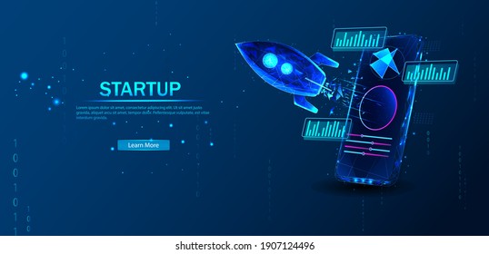 Polygonal Concept Business Startup. The rocket takes off from portal of the mobile phone augmented reality on blue background. Design concept augmented reality. AR and VR Development. Media Technology