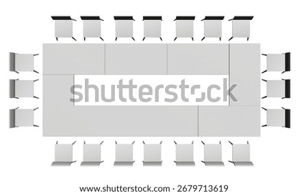 Polygonal conference room floor plan with a large table and chairs arranged in a square formation on a clean white background. Top view