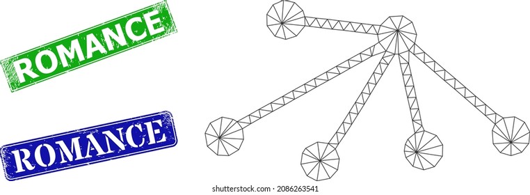 Polygonal connect image, and Romance blue and green rectangle textured seals. Polygonal wireframe symbol is created from connect pictogram. Stamp seals have Romance text inside rectangle shape.