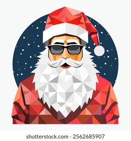 Polygonal cool santa claus cartoon wearing goggles in snowfall night vector illustration.