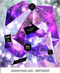Polygonal cosmic background with quote and labels. Crystal and triangles, low poly illustration