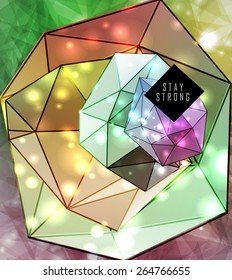 Polygonal cosmic background with quote and labels. Crystal and triangles, low poly illustration