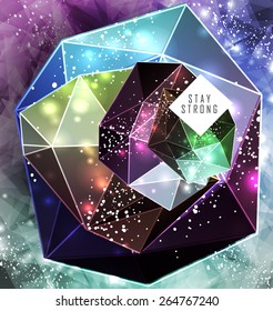 Polygonal cosmic background with quote and labels. Crystal and triangles, low poly illustration