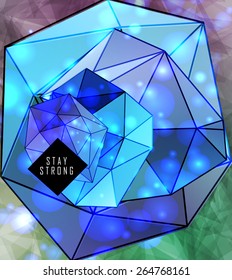 Polygonal cosmic background with quote and labels. Crystal and triangles, low poly illustration