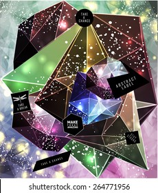 Polygonal cosmic background with quote and labels. Crystal and triangles, low poly illustration