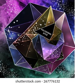 Polygonal cosmic background with quote and labels. Crystal and triangles, low poly illustration