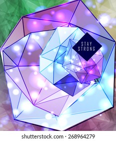 Polygonal cosmic background with quote and labels. Crystal and triangles, low poly illustration