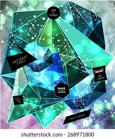 Polygonal cosmic background with quote and labels. Crystal and triangles, low poly illustration