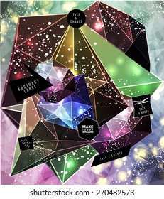 Polygonal cosmic background with quote and labels. Crystal and triangles, low poly illustration
