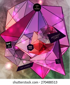 Polygonal cosmic background with quote and labels. Crystal and triangles, low poly illustration