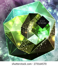 Polygonal cosmic background with quote and labels. Crystal and triangles, low poly illustration