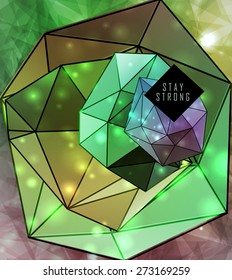 Polygonal cosmic background with quote and labels. Crystal and triangles, low poly illustration