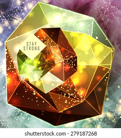 Polygonal cosmic background with quote and labels. Crystal and triangles, low poly illustration