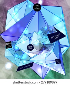 Polygonal cosmic background with quote and labels. Crystal and triangles, low poly illustration