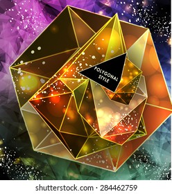 Polygonal cosmic background with quote and labels. Crystal and triangles, low poly illustration