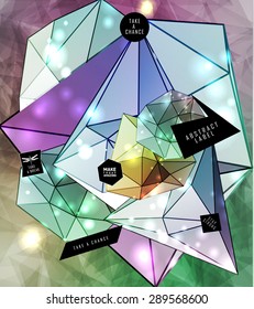 Polygonal cosmic background with quote and labels. Crystal and triangles, low poly illustration