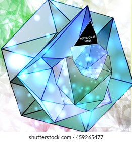 Polygonal cosmic background with quote and labels. Crystal and triangles, low poly illustration