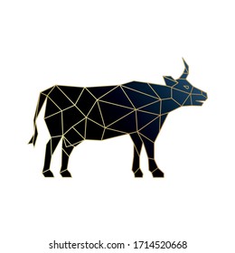 Polygonal cow icon isolated on white background. Black geometric cow emblem with golden contour. Vector illustration.
