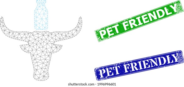 Polygonal cow milk image, and Pet Friendly blue and green rectangular unclean watermarks. Polygonal wireframe image designed with cow milk icon.