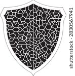 Polygonal cracked stone texture shield emblem. Geometric mosaic design for defensive symbols and protective icons.