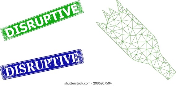 Polygonal crashed beer bottle image, and Disruptive blue and green rectangular rubber seals. Polygonal wireframe illustration based on crashed beer bottle pictogram.