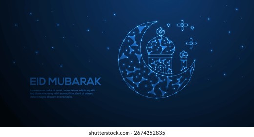 Polygonal Crescent Moon Vector. Ramadan Kareem Mubarak Eid Theme. Abstract Low Poly Wireframe Moon. Starry Night Sky Universe Illustration	