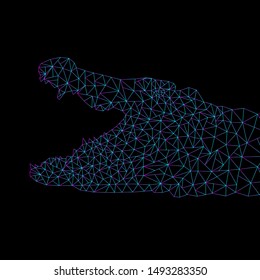 Polygonal crocodile. Colored lines with a gradient from blue to purple, on a black background. Structure.