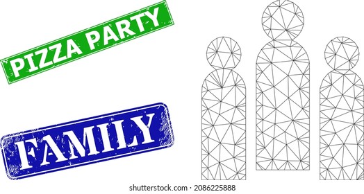 Polygonales Massenbild und Pizza Party blaues und grünes Rechteck strukturierte Siegel. Mesh-Wireframe-Bild basierend auf dem Crowd-Symbol. Die Siegel beinhalten Pizza Party-Text in rechteckigem Rahmen.