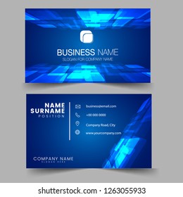 Polygonal crystal blue shapes creative business card and name card, horizontal simple clean template vector design, layout in rectangle size. 
