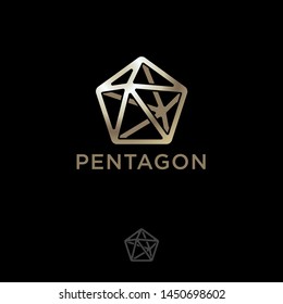 Polygonal crystal icon. Pentahedron logo. Five-pointed gold crystal and letters on a dark background.