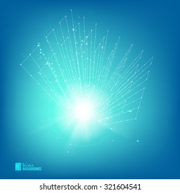 Polygonal cube created from white smooth lines with dots and sparks. Vector illustration.