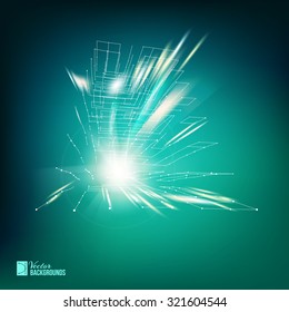 Polygonal cube created from white smooth lines with dots and sparks. Vector illustration.