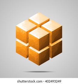 Polygonal cubes 2 on 2. Gold gradient geometric puzzle. Low poly design.