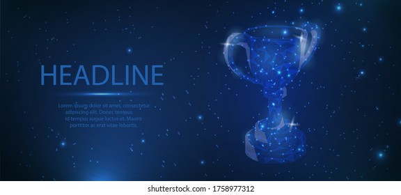 Polygonal cup. Abstract vector 3d trophy isolated on blue background. Champions award, sports victory, prize prize concept. Polygonal frame made of dots and lines, abstract design.