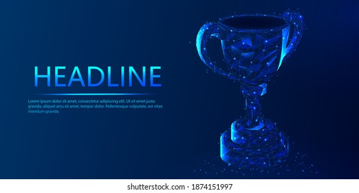 Polygonal cup. Abstract vector 3d trophy isolated on blue background. Champions award, sports victory, prize prize concept. Polygonal frame made of dots and lines, abstract design.