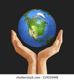 polygonal cupped hands that hold polygon planet earth america black