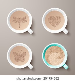 Polygonal cups of coffee with different drawings. Vector illustration