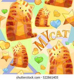 Polygonal cute cartoon cat seamless pattern, colorful funny vector background, love my cat sign